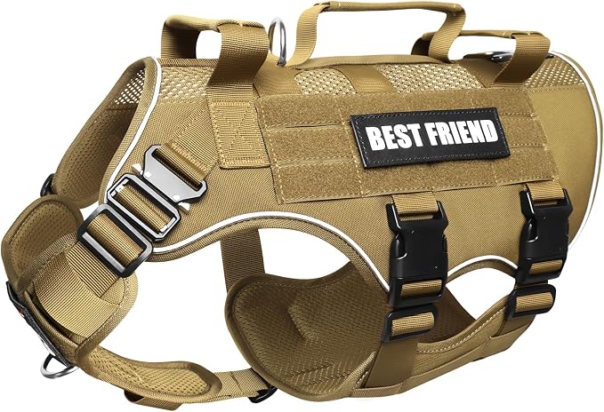 Air Mesh Tactical Dog Harness with Metal Buckles&MOLLE,Brown XL | Breathable Adjustable No Pull Service Dog Vest with 3 Padded Handles,Military Dog Harness for Training Hiking Hunting Working