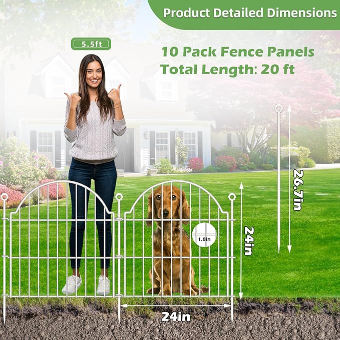10 Panels No Dig Decorative Garden Fence for Yard, 24in (H) x 20ft (L) Rustproof Metal Wire Panel Border Animal Barrier Fencing for Dog, Rabbits, Flower Bed Edging Ornamental with Ground Stake, White