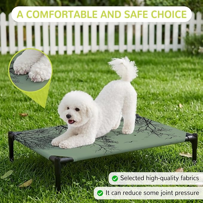 Outdoor Elevated Dog Bed for Medium Dogs, Green Black Branches Breathable Cooling Raised Dog Cot for Indoor/Outdoor, Botanical Dead Tree Birds Waterproof Elevated Pet Beds, M 24 x 20 in