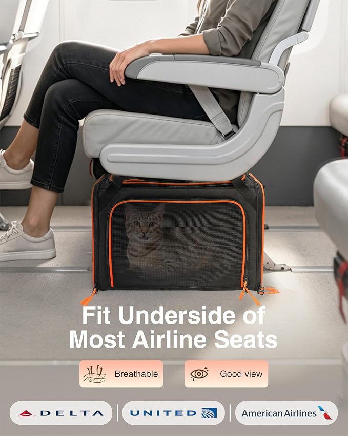Expandable Cat Carrier Bag,Airline Approved Expandable Soft-Sided Pet Carrier(16"x 11"x 11") with Removable Pad,for Cats 12lbs,(Black Orange).