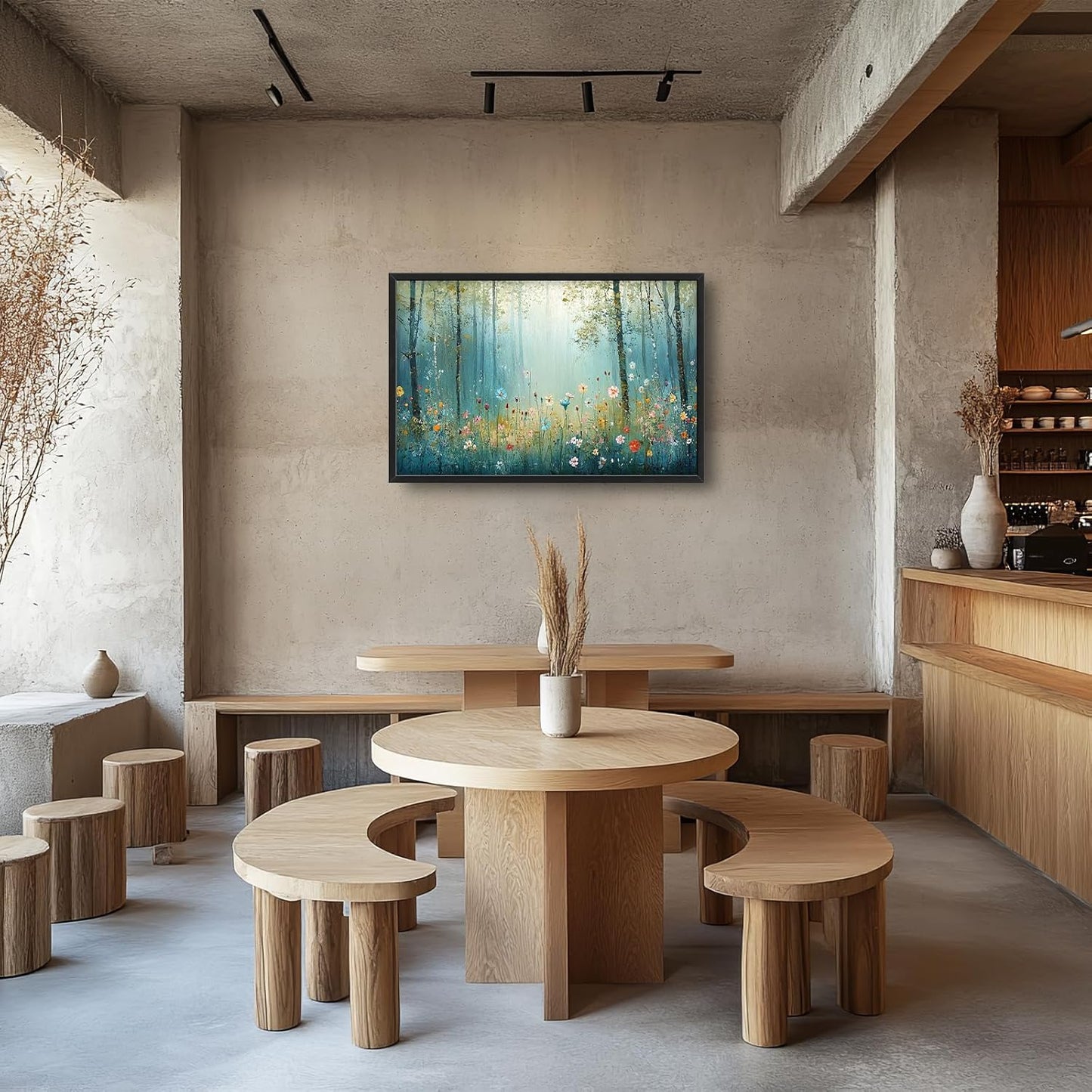 Large Forest Tree Wall Art for Living Room, Framed Oversized Wildflowers Wall Decor, Foggy Landscape Canvas Painting Modern Artwork Home Decoration for Dining Room Bedroom Office 36"x24"