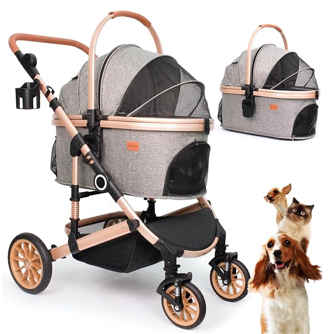 Bicystar Dog Stroller with Detachable Carrier, Rubber Wheels, 50 lbs, Grey | 3-in-1 stroller and car seat, real solid rubber wheels, fits 2 small or 1 medium pet, foldable frame