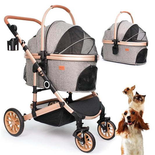 Bicystar Dog Stroller with Detachable Carrier, Rubber Wheels, 50 lbs, Grey | 3-in-1 stroller and car seat, real solid rubber wheels, fits 2 small or 1 medium pet, foldable frame