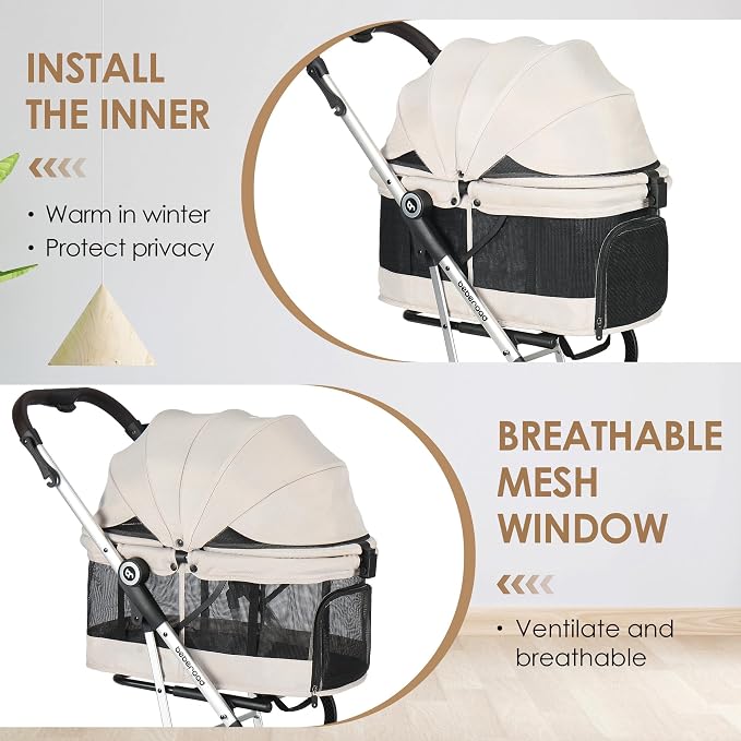 T4 PRO Pet Stroller for Small Medium Dogs, Cat Strollers for 2 Cats, 4 Wheels Folding Pet Stroller for Cats with Pad, Canopy and Cup Holder, Beige