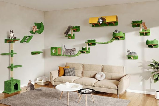 Cat Wall Furniture, 26 in 1 Cat Shelves w/Cat Tree, Tunnel, Green | Wall Mounted Cats Furniture Set w/Plush Fabric, Cat Climbing Systems for 16 Inch Drywall, with Scratching Posts, Bridge, Moon