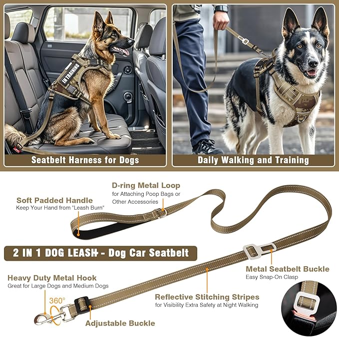 Tactical Dog Harness and Leash Set with 10 Patches for Large Dogs | Heavy Duty No Pull Service Animal Dog Vest with Dog Seat Belt ,Adjustable Reflective Easy Walk for Training Hiking Camo L