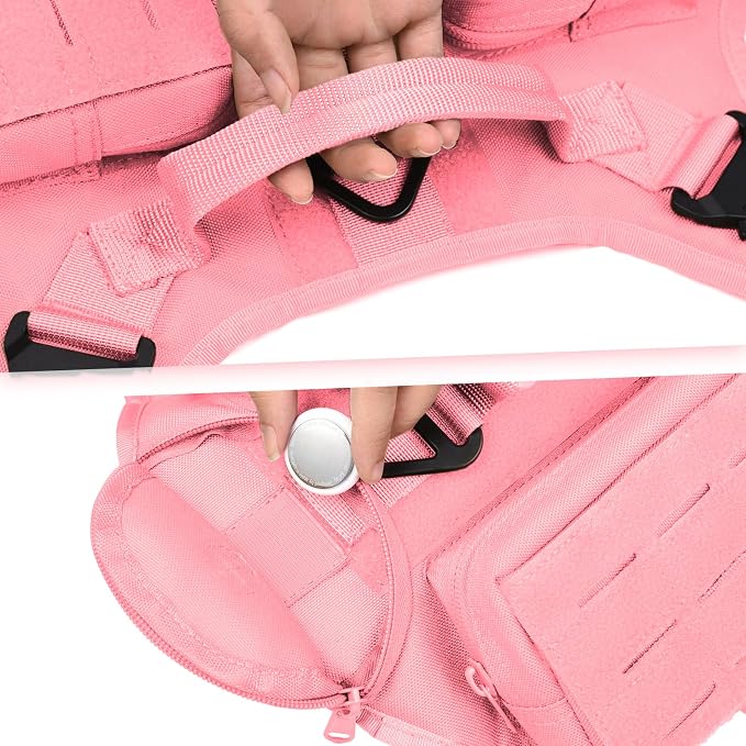 AIWAI Tactical Dog Harness with Handle for Large Dogs,2X Metal Buckle, Dog MOLLE Vest with Pockets,No Pull Adjustable Pet Harness, Easy Control Dog Vest Harness for Working Training (Pink, Large)