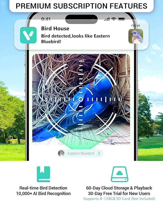 Kicari Bird House with Camera 2K HD, Solar & Battery Powered, Dual Night Vision, PIR Motion Sensor, Two-Way Audio, WiFi App Control, Weatherproof Wooden Smart Bluebird Nest Box for Outdoor Use, Gray