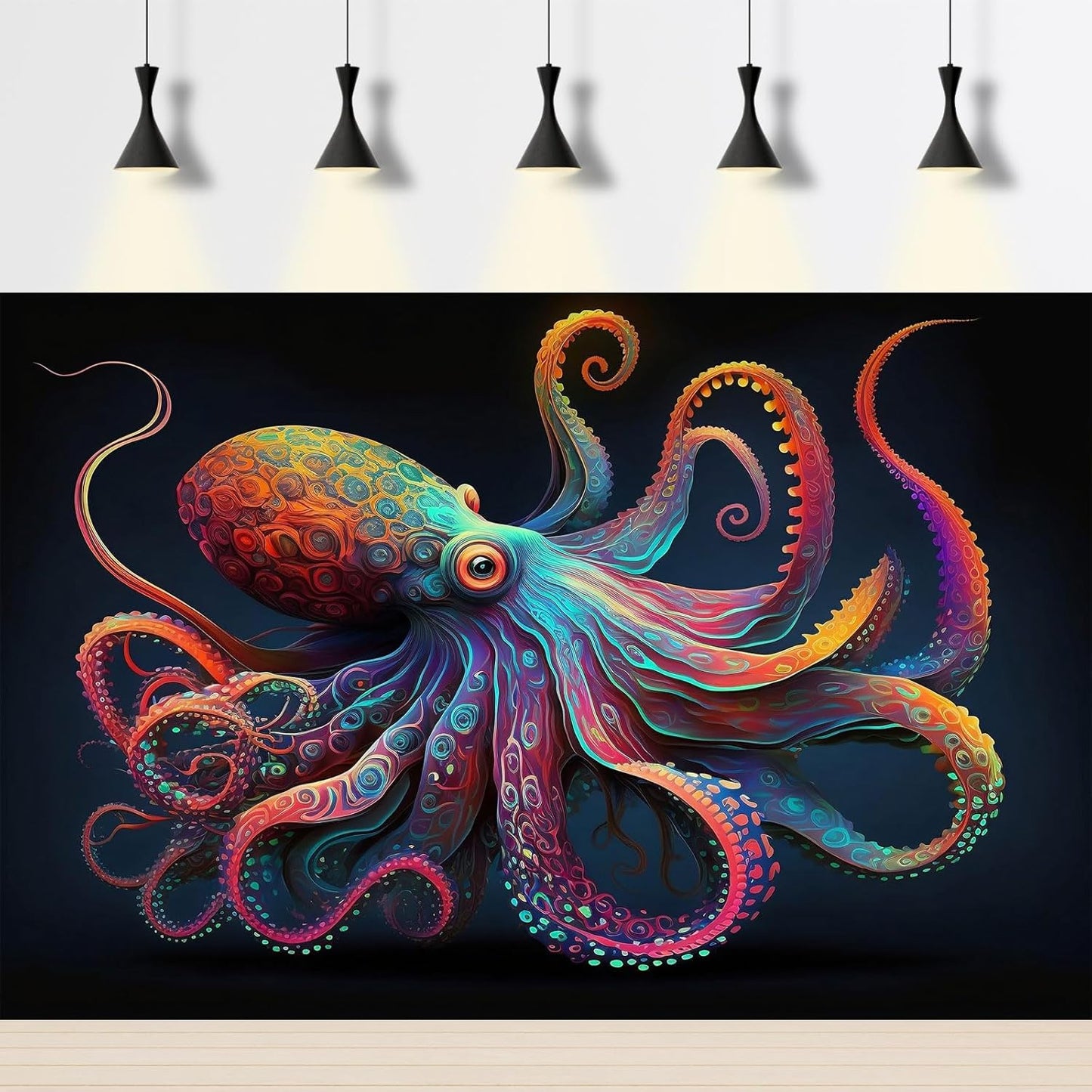 Exquisite Octopus Aquarium Background Abstract Colorful Octopus Terrarium Background Glowing Octopus on Black Background Fish Tank Backdrop Octopus Backdrops Poster Wallpaper Decors Vinyl 48x18in