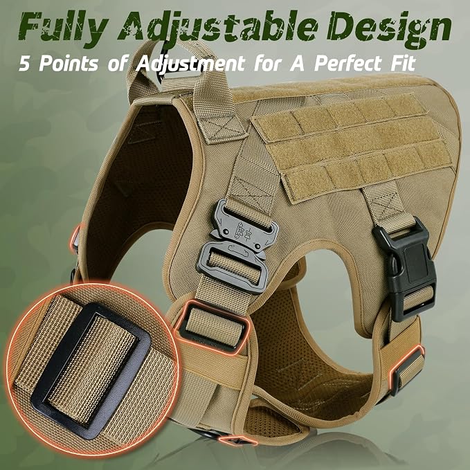 rabbitgoo Tactical Dog Harness for Large, Heavy Duty Military No Pull Vest | Sturdy Metal Buckles, 5 Adjustments, Molle System, Powerful Pullers for Training, Hunting, Outdoor, Brown, Large