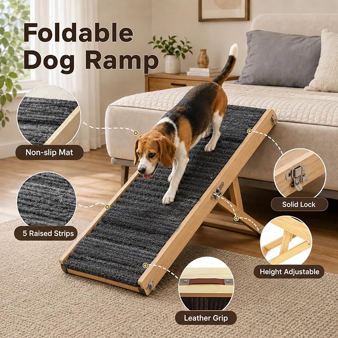Dog Ramp for Small Dog/Bed/Couch, Foldable & Adjustable Dog Stairs | Wooden Pet Ramp, 4 Adjustable Heights from 9.25'' to 17.72", Portable Dog Step with Non-Slip Pads for Senior & Breed Dogs