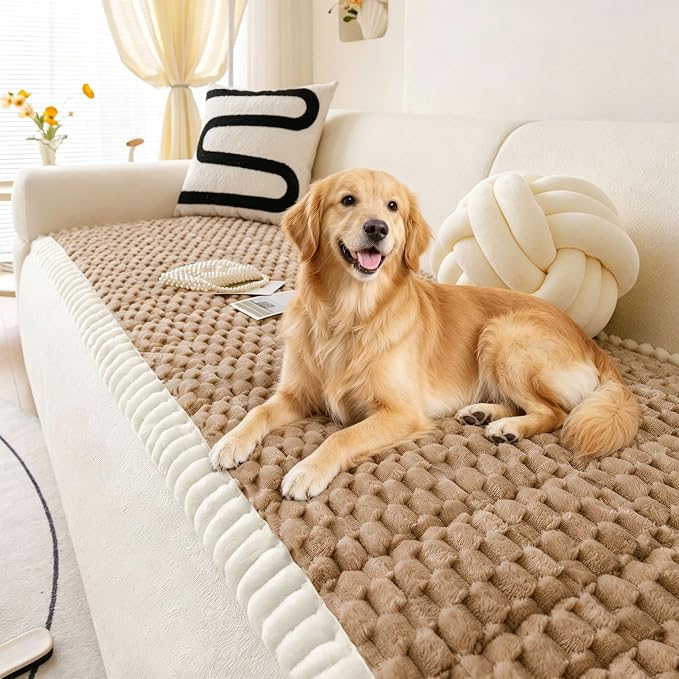 OTOB Couch Cover for Dogs Washable Non Slip Plush Sofa Covers for 3 Cushion Couch, All Seasons Fuzzy Kids Pet Friendly Sofa Slipcovers Furniture Protector Bed Mat (Coffee, 27.6" x 70.9")