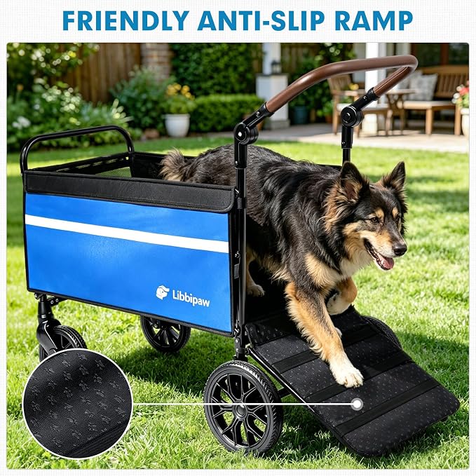 LUFFWELL Foldable Dog Wagon with Ramp, Medium & Large Dogs, Blue | All-terrain wheels, One-step brake, Adjustable handle, Side pockets, 200 lb capacity