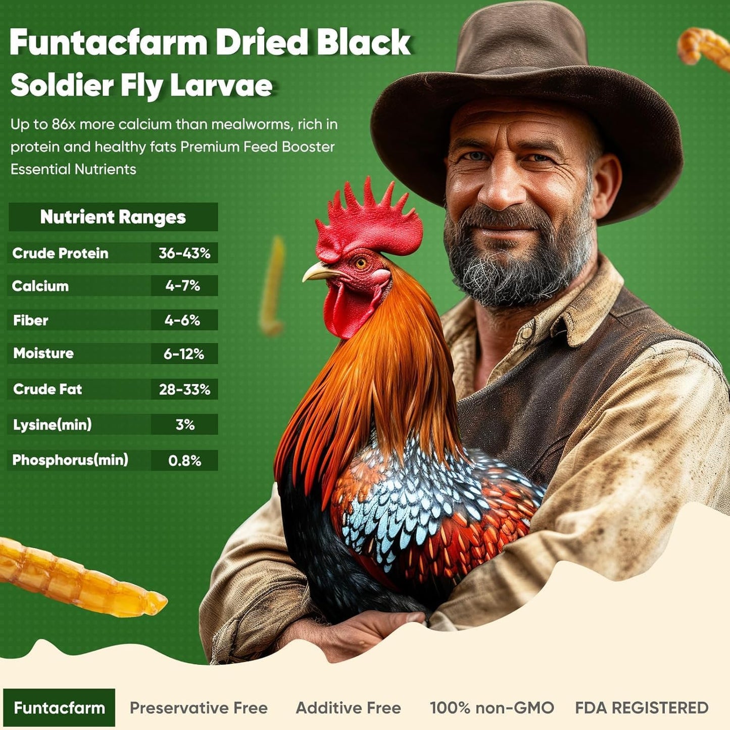 15LB Dried Black Soldier Fly Larvae for Chickens, High Protein Chicken Feed Superior to Meal Worms for Wild Birds & Chicken Treats for Laying Hens