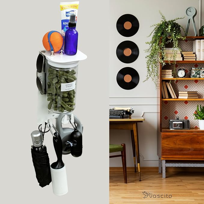 Dog Leash Holder for Wall with Shelf — Wall Mounted Dog Treat Holder & Station, 1 Large Airtight 32oz Treat Container, 6 Hooks, Patented Lidless Slide-to-Seal Jar, Solid Steel, Made in USA
