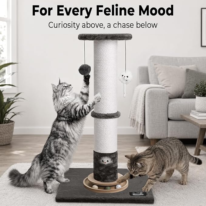 35-Inch Tall Cat Scratching Post, Stable Base for Large Cats, Gray | Heavy-duty, soft natural cotton rope cat scratcher, interactive cat toys, wooden ball track, for kittens and indoor cats