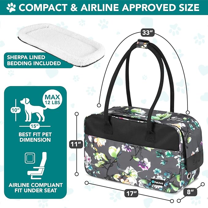 PetAmi Dog Purse Carrier for Small Dogs Cats, TSA Airline Approved Soft-Sided Pet Carrier with Pockets, Ventilated Travel Tote Bag with Bed & Shoulder Strap, Puppy Kitten, Max 12 lbs, Floral Gray