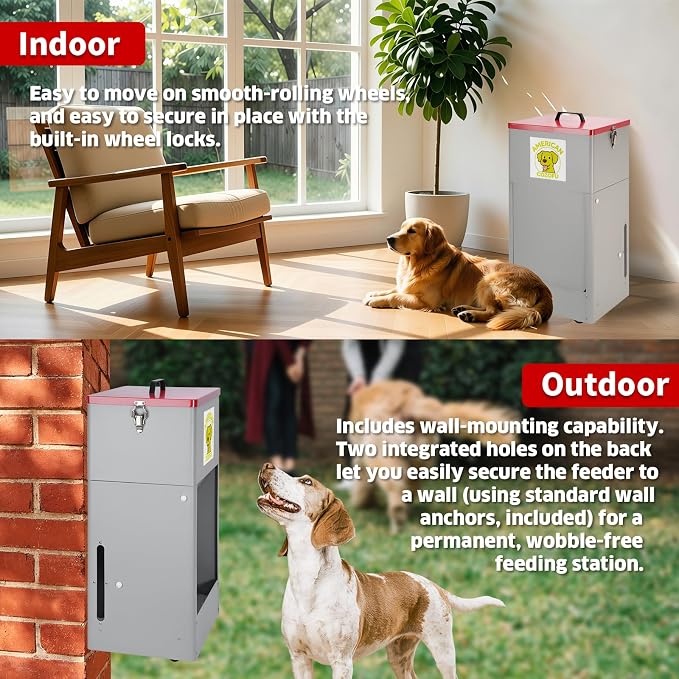 Automatic Dog Feeder with Wheels, 25lb Heavy Duty Galvanized Steel Gravity Food Dispenser - Easy to Move Rolling Pet Food Station for Indoor & Outdoor Use