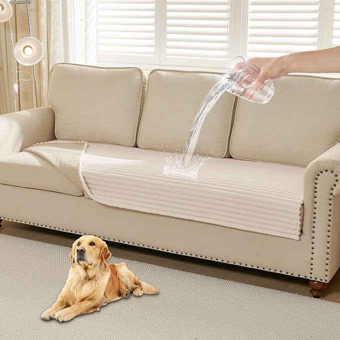 HAOMAIJIA Waterproof Couch Cover for Dogs Washable,Faux Fur Pet Couch Covers for Sofa,Soft Dog Bed Cover Non-Slip Couch Covers for 3 Cushion Couch Sofa Pet Friendly (Off White, 35" x 95" 1 Pack)