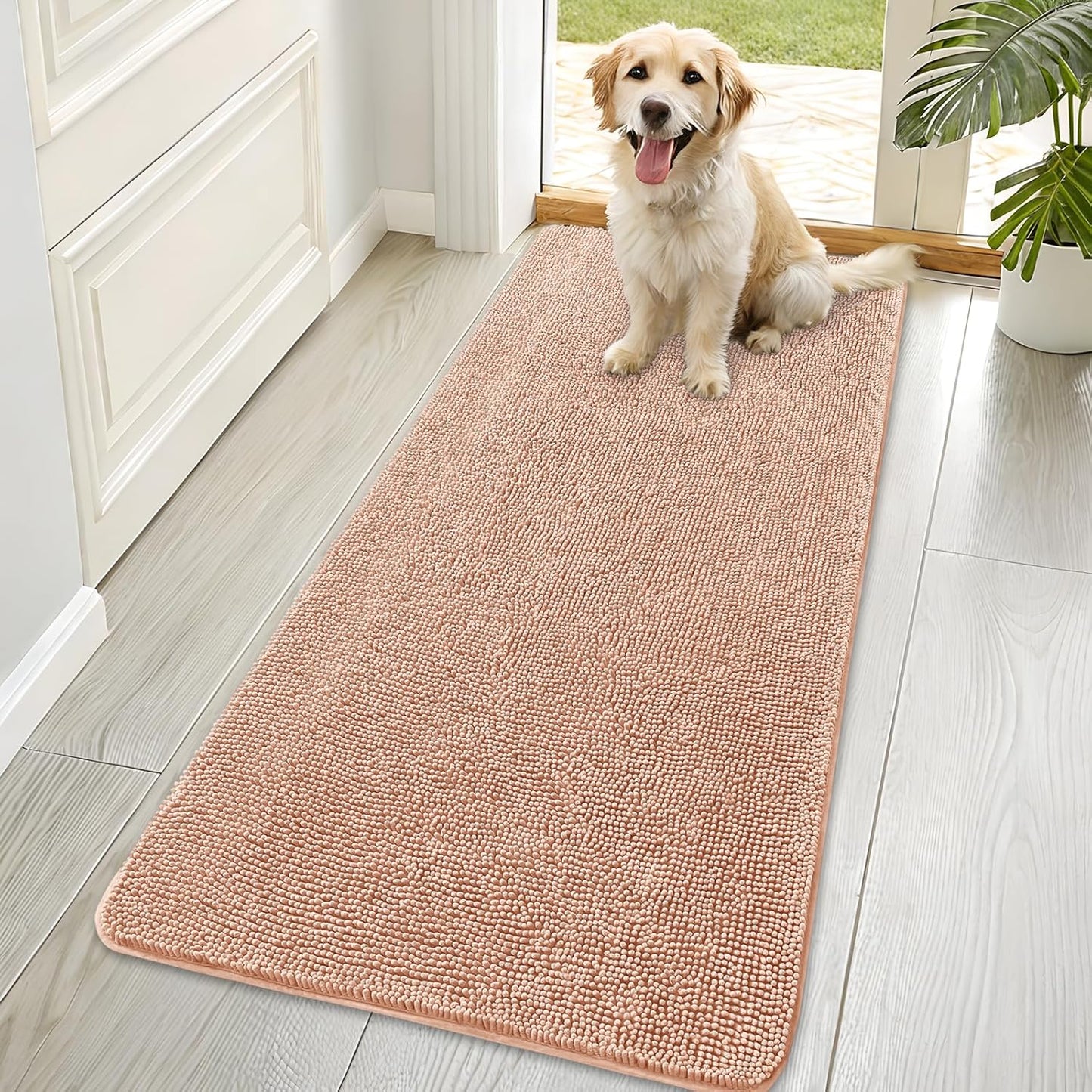 OLANLY Dog Door Mat for Muddy Paws 70x35, Absorbs Moisture and Dirt, Absorbent Non-Slip Washable Doormat, Quick Dry Chenille Mud Mat for Dogs, Entry Indoor Entryway Carpet for Inside Floor, Peach