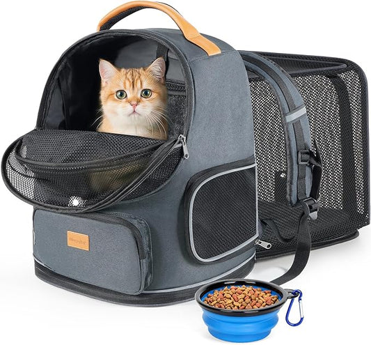 Morpilot Expandable Cat Carrier Backpack for Small Dogs & Cats Up to 12lbs, Breathable Mesh Pet Travel Backpack with Safety Leash, Foldable Airline Approved Carrier for Hiking Camping Outdoor, Grey