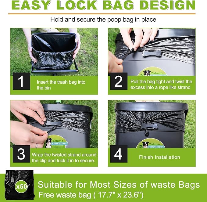 Pooper Scooper Swivel Bin & Rake with 50 Waste Bags, 38" Long Adjustable Handle Dog Poop Scooper for Yard Large Medium Small Dog, Easy to Clean Pet Waste Use on Grass, Dirt, Concrete or Gravel