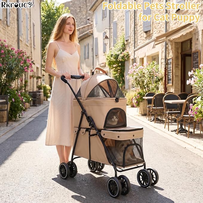 Foldable Double Pets Stroller for Dog Portable Cat Strollers for Small Medium Pet with One Detachable Carrier Flexible Lockable Wheels Lightweight Dogs Jogger (Khaki)