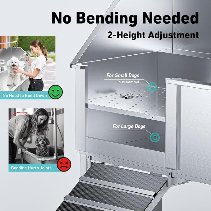 56" Dog Washing Station, 304 Stainless Steel, 600 lb, Side Ramp | 1mm Thick, hot cold faucet, fixed sprayer, shampoo dispenser, storage drawer, S-trap, hair filter, garage outdoor grooming