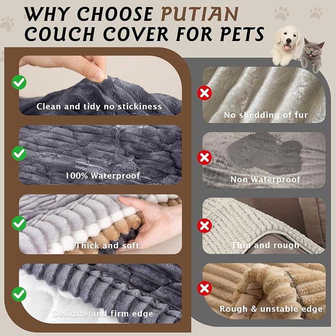 PuTian 100% Waterproof Fuzzy Couch Cover for Dogs Dark Grey 27.6"x59" | Pet Friendly Dog Mat for Couch, Waterproof Sofa Protector, Scratch Resistant Furniture Cover for Dogs, Machine Washable