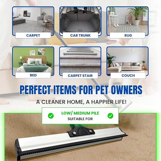 Carpet Rake for Pet Hair Removal & Fluffing Matted Carpet – 61" Adjustable Handle, Deep Clean Dog & Cat Hair Remover, Reusable Scraper for Rugs, Low Pile Carpet, Couch & Stairs