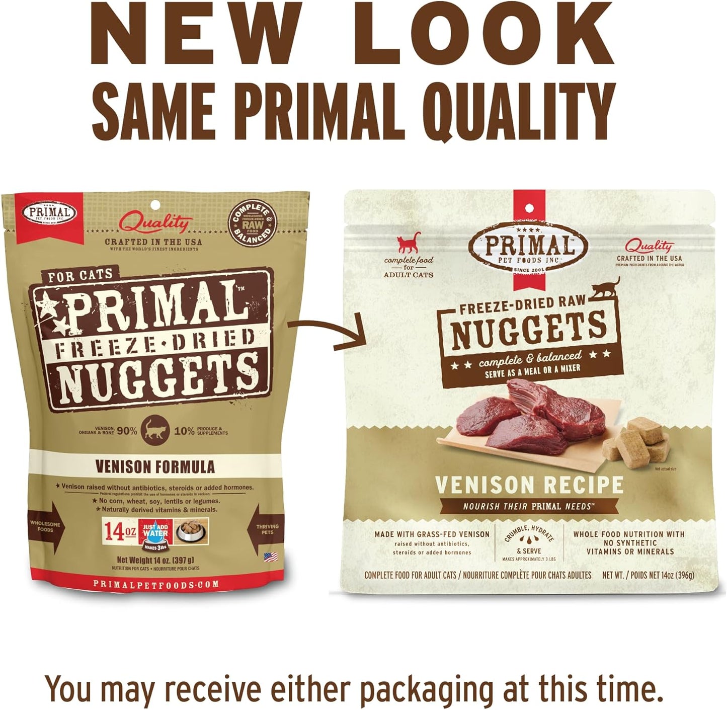 Primal Freeze Dried Raw Cat Food Nuggets Venison, Complete & Balanced Meal or Topper, Premium, Healthy, Grain Free, High Protein Raw Cat Food with Probiotics (14 oz)