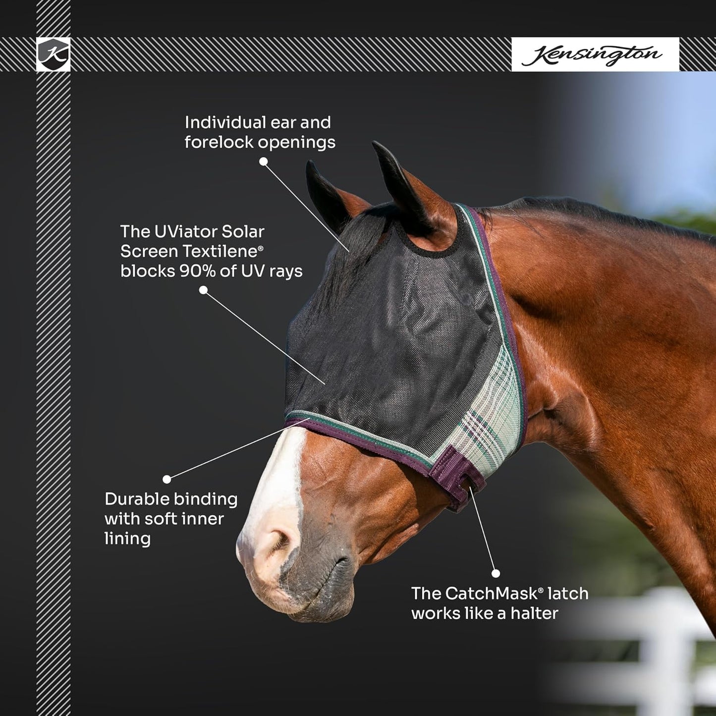 Kensington 90% UV Fly Mask CatchMask UViator - Without Ears & Forelock Freedom Web Trim Size: L-Avg Color: 2019 - Imperial Jade