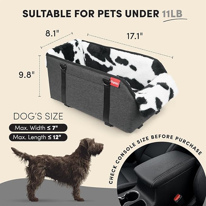BurgeonNest Center Console Dog Car Seat for Small Pets to 11lbs, Milk Cow | Anti-collapse armrest Console seat with washable fluffy cushion, pillow & tether for stable, cozy pet travel trips.
