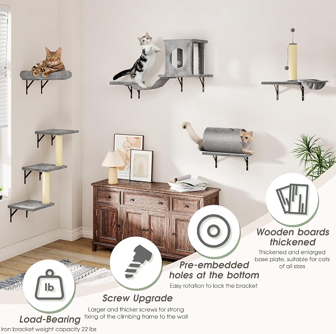 7-in-1 Cat Wall Shelves, Space-Saving Wall Mounted Cat Shelves, Cat Climbing Wall Systems for Play & Rest Includes Tunnel, House, Bridge, Steps, Scratcher, Hammock, Shelves, Gray