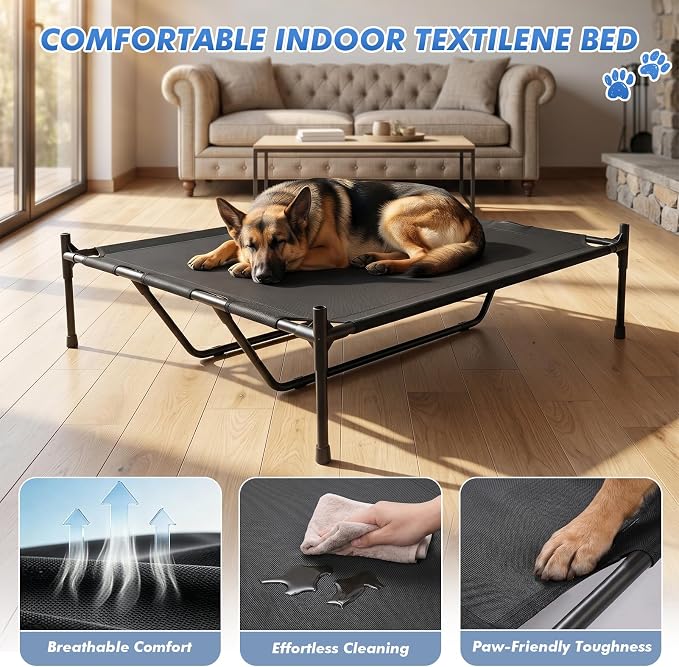 Dog House Outdoor, 43" Tall 3-in-1 Elevated Dog Bed with Roof | 4-Side Breathable Mesh Window, Dog Shelter for Large Dog Breeds Outside, Dog Tent with Canopy, Weatherproof Waterproof, 200LB