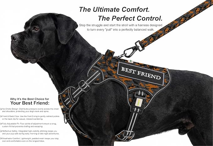 Homapet. Tactical Dog Harness with Dual Leash Attachment Points, Adjustable and Reflective Military Grade Dog Vest with Comfort Control Handle (ORNG BLK CAMO-L)