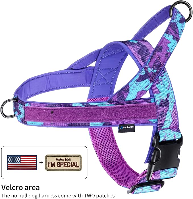 Annchwool No Pull Dog Harness with Soft Padded Handle,Escape Proof and Quick Fit to Adjust Dog Harness,Easy for Training Walking for Small & Medium and Large Dogs(Camo Purple,L)
