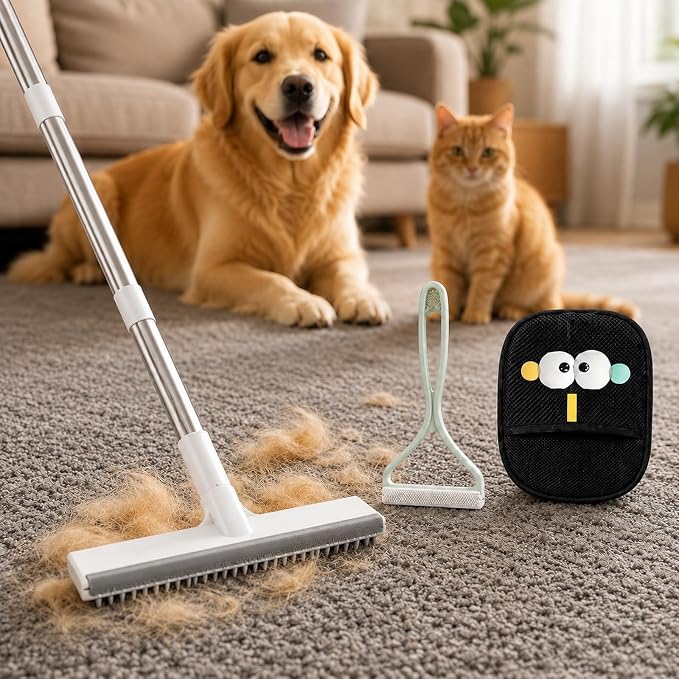 GOOGO Pet Hair Removal Tool Kit, 3 Pieces, White | 3 piece white tool kit, long handle brush, 50 in length, for pet hair on sofas, rugs, seats, and car mats