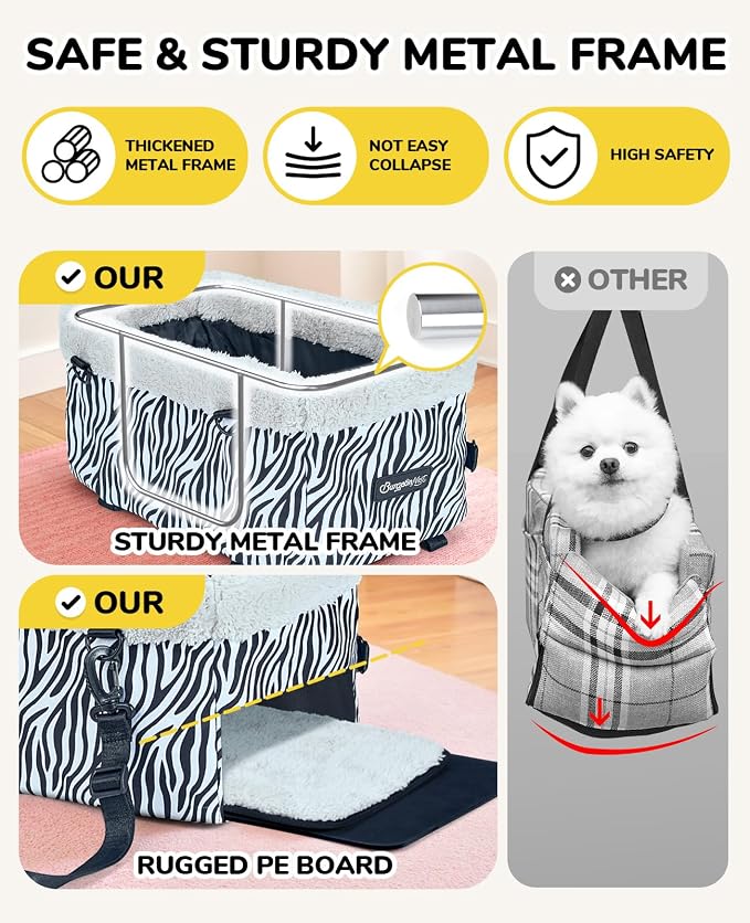 BurgeonNest Center Console Dog Car Seat for Small Dogs up to 9 lbs Cute Zebra Print