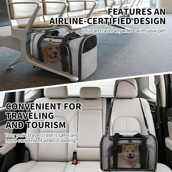 Carriers Soft-Sided Pet Carrier Case for Small Medium Cats Dogs Puppy Under 15 lbs,Airline Approved Cat Carrier with 4 Ventilated Windows (Medium,Grey&Black)