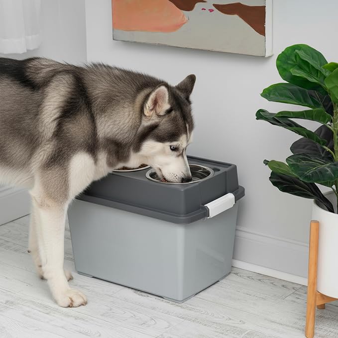 IRIS USA Elevated Dog Bowls 15" H, up to 47 lb Storage, Gray/Dark Gray | Made in the USA, Comes with 2 Stainless Steel Bowls (64 oz), Elevated Feeder, Reduce Strain, Perfect for Camping & Outdoors