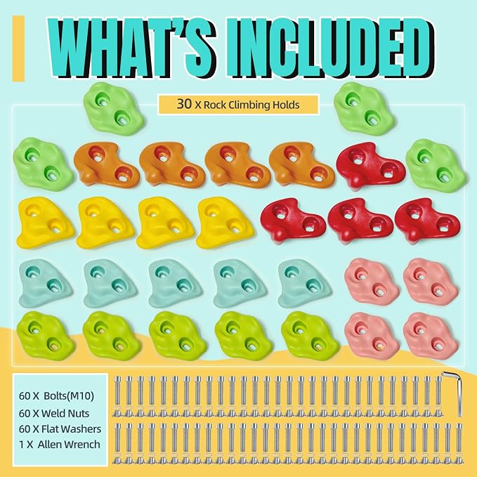 30 PCS Rock Climbing Holds for Kids, Climbing Rock Wall Grips, Adult Rock Wall Climbing Kit Large Climbing Holds for Play Set with Hardware for Indoor and Outdoor Climbing Wall Holds（Pastel Color）