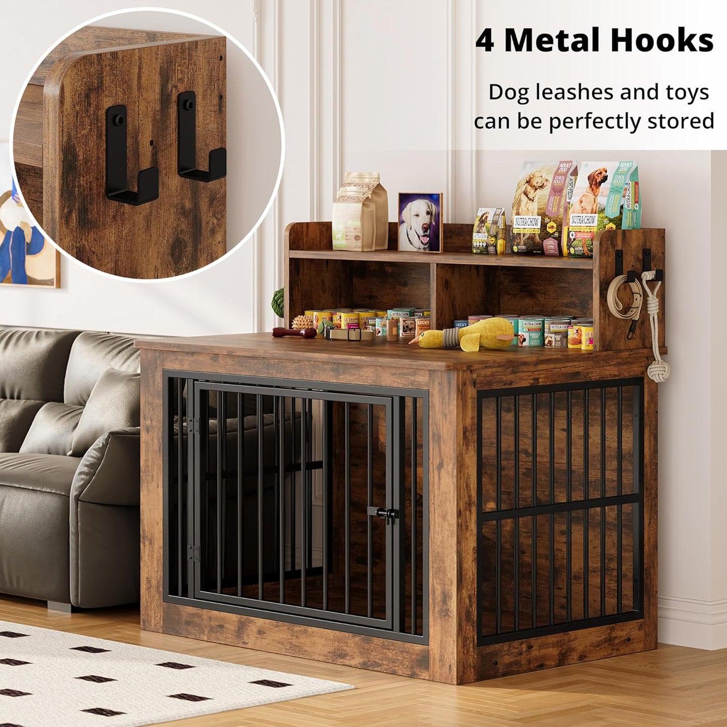 IRONCK Extra Large Dog Crate Furniture, 43.3 inches Wooden Dog Crate with Storage and 4 Hooks, Heavy Duty Pet Crate for Large Dog, Decorative Pet Cage for Indoor (30" L x 43.3" W x 41.1" H)