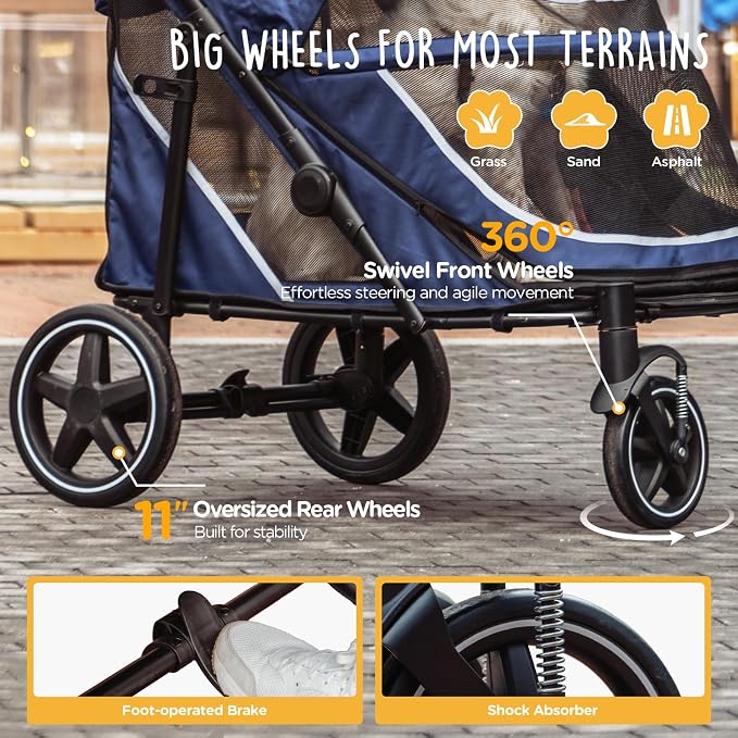 Canine Canyon Denver Dog Stroller for Large & Medium Dogs- Easy Fold All-Terrain Pet Stroller for 2 Dogs with Dual Entry, One-Foot Brake, Sunroof & Breathable Windows, Up to 130 lbs, Blue