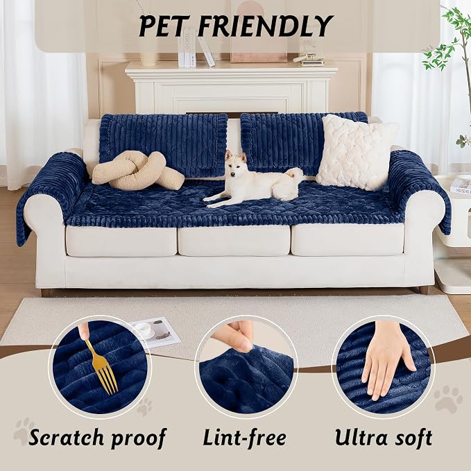 PuTian 100% Waterproof Fuzzy Couch Cover for Dogs Navy Blue 27.6"x27.6" | Pet Friendly Dog Mat for Couch, Waterproof Sofa Protector, Scratch Resistant Furniture Cover for Dogs, Machine Washable