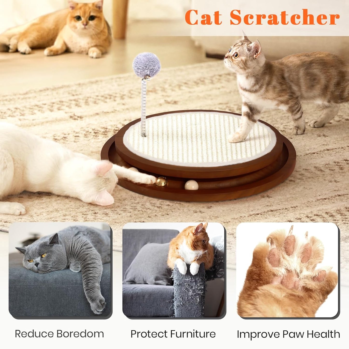 Cat Scratcher, Cat Natural Sisal Scratching Pad, Kitten Interactive Toy with Ball Track Spring Ball for Chasing Hunting Mental Physical Exercise Puzzle