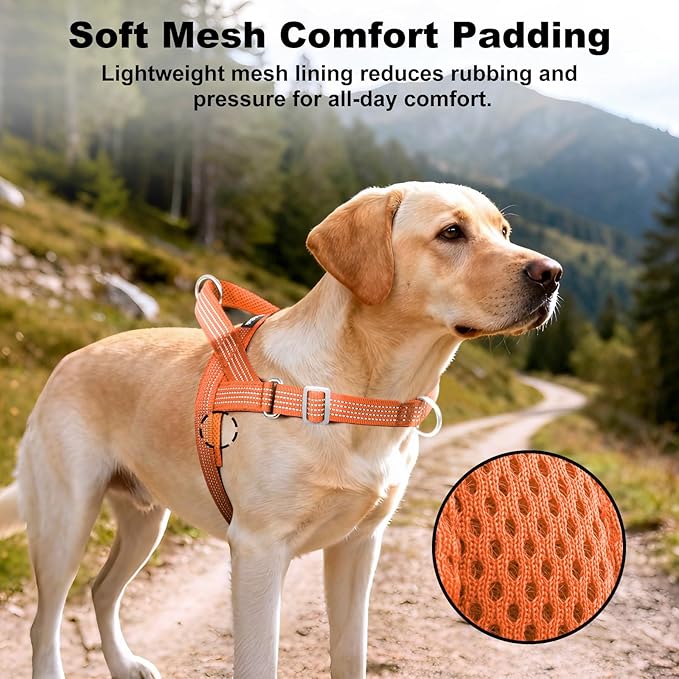 No Pull Dog Harness with Handle, Adjustable Soft Mesh Padded Vest | Reflective Walking Harness with Front Clip for Small Medium Large Dogs, Quick Fit No Escape for Training, Orange, M
