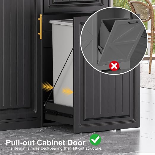 ZIFTY Pull Out Trash Can Cabinet with Storage, 13 Gallon Trash Can, Black | Pet Proof, Freestanding Kitchen Cabinet, Drawer & Adjustable Shelf, Garbage Recycling, Modern Farmhouse Waste Bin Furniture