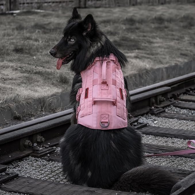 OneTigris Large Tactical Dog Harness, No Pulling Adjustable Dog Vest Harness, Heavy Duty Dog Harness with Handle, Large Hook and Loop Panels for Patch(Pink,S)