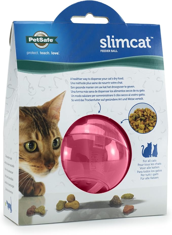 PetSafe Slimcat Feeder Ball Cat Toy, Pink | Interactive Puzzle Game for Your Cat, Adjustable Openings Control Portion & Feed Speed, Slows Fast Eaters, Improve Digestion